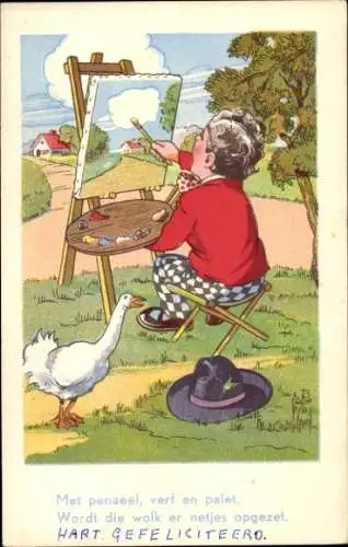 Künstler Ak Junge malt ein Bild, Gans, Hut