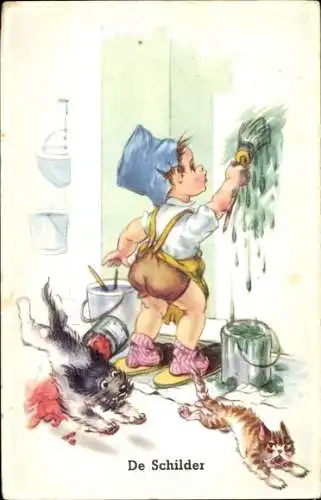 Ak Junge streicht eine Wand, Hund, Katze, Farben