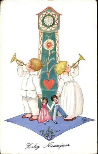 Künstler Ak Glückwunsch Neujahr, Trompeter, Kinder, Puppen, Uhr