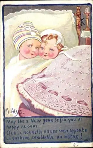 Künstler Ak Alys, M., Zwei Kinder liegen in einem Bett