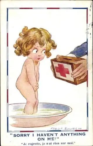 Künstler Ak Spurgin, F., Mädchen in Badewanne, Box mit rotem Kreuz