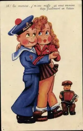 Ak Kinder, Liebespaar, Junge als Marinesoldat, Akkordeon