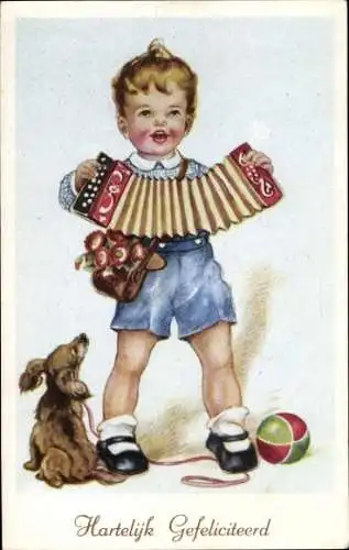 Ak Glückwunsch, Mädchen spielt Musikinstrument, Hund, Ball