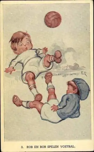 Künstler Ak Zwei Jungen spielen Fußball, Fußballspiel