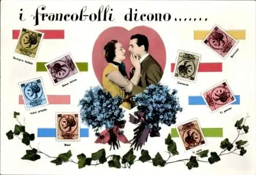 Ak Briefmarkensprache, Liebespaar, Blumen