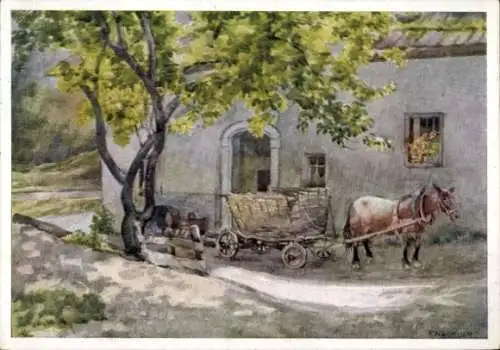 Künstler Ak Nockher, F., Wohnhaus, Fuhrwerk, Pferd