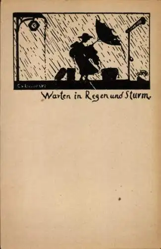 Scherenschnitt Ak Warten in Regen und Sturm, Frau mit Regenschirm
