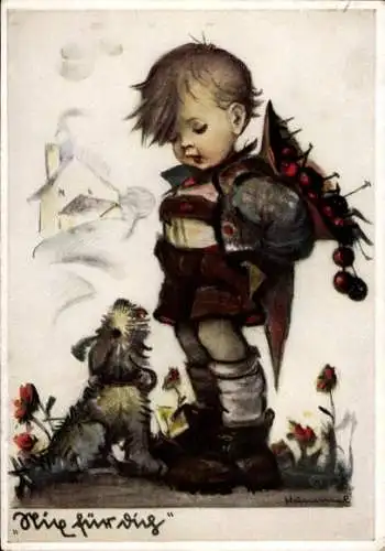 Künstler Ak Hummel, B., Junge und Hund, Gemaltes Bild