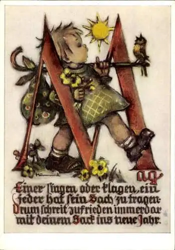 Buchstaben Künstler Ak Hummel, B., Buchstabe M., Kind, Wanderer, Blumen, Vogel