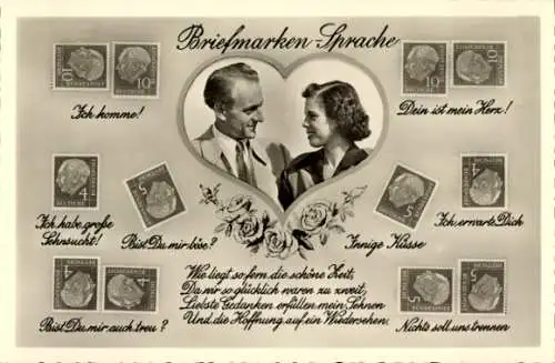 Ak Briefmarkensprache, Liebespaar, Dein ist mein Herz, Nichts soll uns trennen