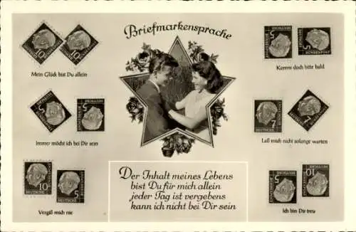 Ak Briefmarkensprache, Liebespaar, Ich bin Dir treu, Komm doch bitte bald