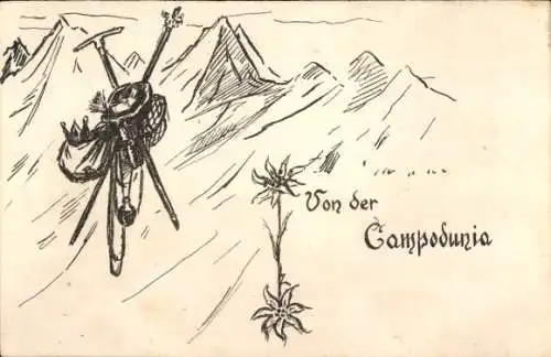 Ak Compodunia, Wanderer-Rucksack, Berge, Edelweiß