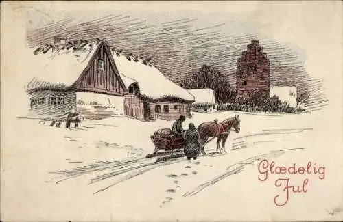 Ak Glückwunsch Weihnachten, Schlittengespann, Häuser, Pferd