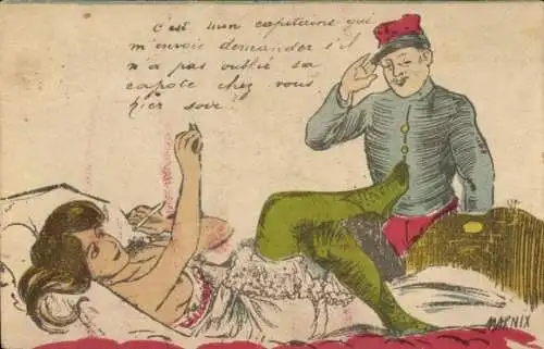 Künstler Ak Marnix, Rauchende Frau, Soldat in Uniform, Unterwäsche, Zigarette