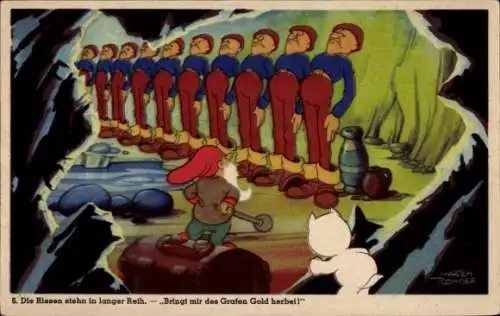 Künstler Ak Zwerg als General, Riesen stehen in langer Reihe...
