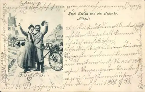 Ak Paar winkt zum Abschied, Fahrrad, Zwei Seelen und ein Gedanke