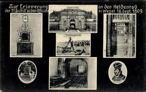 Ak Wesel am Niederrhein, Denkmal der Elf Schillschen Offiziere, Stichpunktartige Beschreibung ...