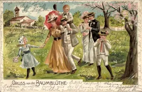 Litho Kötzschenbroda Radebeul in Sachsen, Gruss von der Baumblüte, Familie