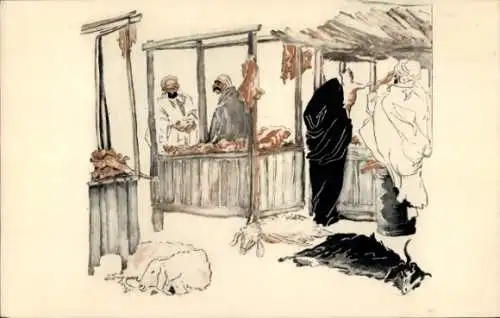Handgemalt Künstler Ak Algier Alger Algerien, Fleischerstand auf dem Markt