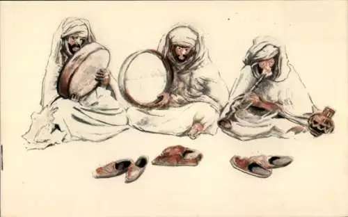 Handgemalt Künstler Ak Algier Alger Algerien, drei Musiker musizieren