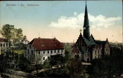 Ak Zwickau in Sachsen, Blick auf den Stadtteil Weißenborn, die Kirche, Seitenansicht