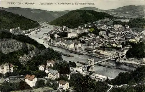 Ak Děčín Tetschen an der Elbe Region Aussig, Gesamtansicht, Eisenbahnbrücke