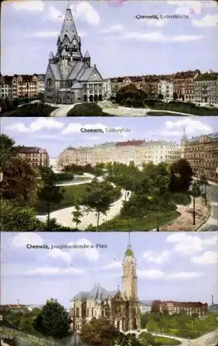 Ak Chemnitz in Sachsen, Lutherkirche, Lutherplatz, Josephinenkirche, Parkanlagen