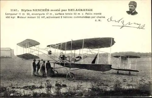 CPA Biplan Sanches monté par Delagrange, Doppeldecker Flugzeug
