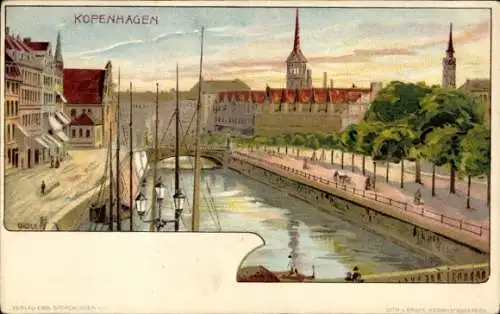 Ak København Kopenhagen Dänemark, Historische Ansicht, Kanal, Brücken, Gebäude, Bäume, Schiffe
