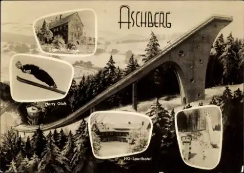 Ak Aschberg Klingenthal im Vogtland Sachsen, Große Aschberg Schanze, Harry Glaß, HO Sporthotel