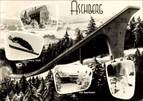 Ak Aschberg Klingenthal im Vogtland Sachsen, Große Aschberg Schanze, Harry Glaß, HO Sporthotel