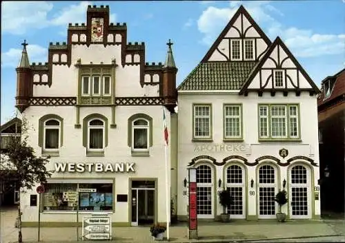 Ak Tönning an der Eider Nordfriesland, Zwei Giebelhäuser, Westbank, Apotheke, schön gestaltete Fa