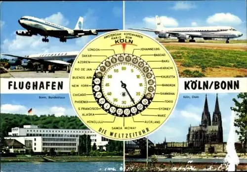 Ak Flughafen Köln Bonn, Weltzeituhr, Flugzeuge, Dom, Bundeshaus