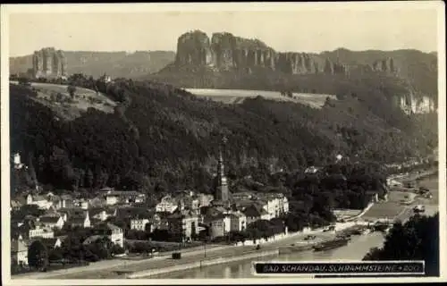 Ak Bad Schandau Sächsische Schweiz, Schrammsteine, Stadt  Elbe, Berge im Hintergrund