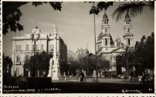 Ak Rosario Argentinien,  Ayuntamiento, Kathedrale, Statue