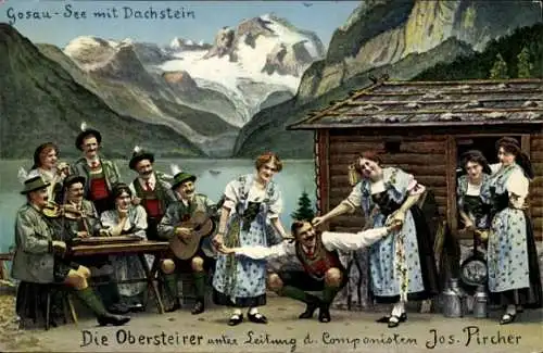 Ak Gosau in Oberösterreich, Gosau See, Berglandschaft, Trachtenmusikanten, Leitung Jos. Pircher