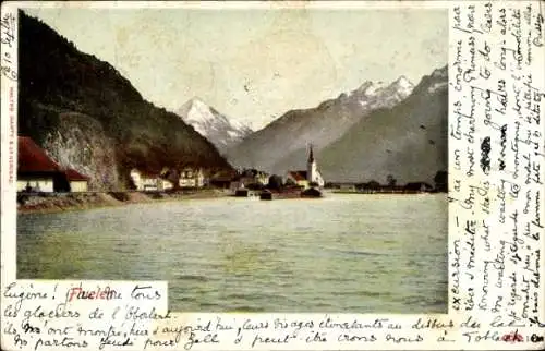 Ak Toblach Dobbiaco Südtirol, Toblach mit Glaciers, Kirche, Berglandschaft, ruhiger See