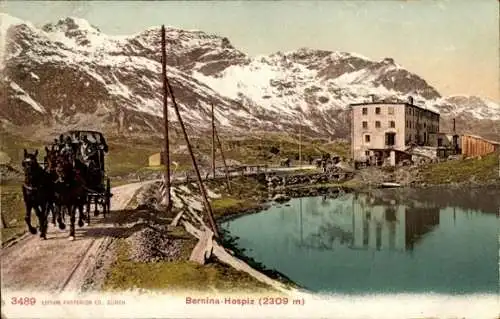 Ak Poschiavo Kanton Graubünden, Bernina Hospiz, Landschaft mit Berg, Hotel, Pferdefuhrwerk, See, 