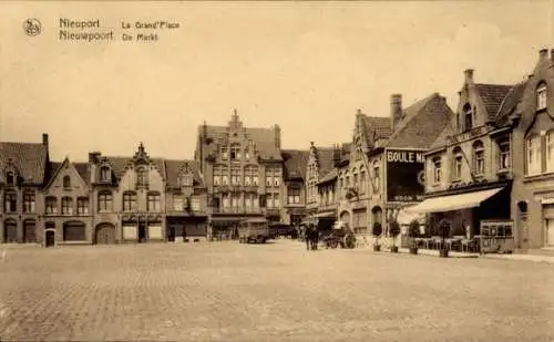 Ak Nieuport Nieuwpoort Westflandern, La Grand' Place, alte Architektur, Marktstände, Pferdefuhrwe