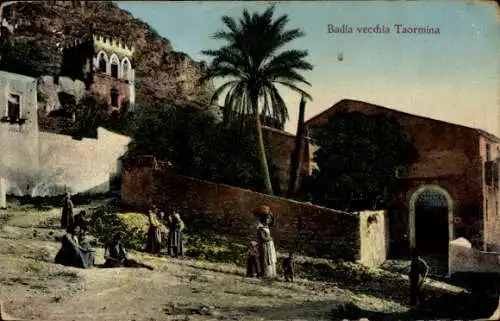 Ak Taormina Sicilia, Badia vecchia  Landschaftsbilder, Palmen, Menschen