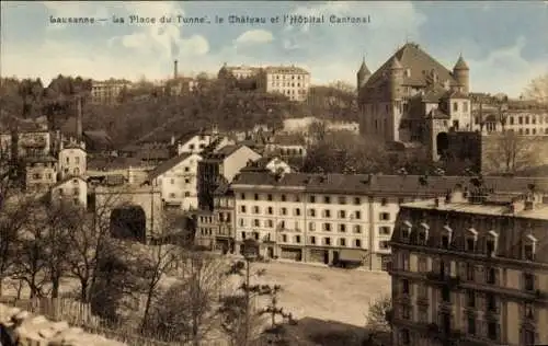 Ak Lausanne Kanton Waadt,  Platz du Tunne, Schloss, Kantonsspital, Stadtansicht