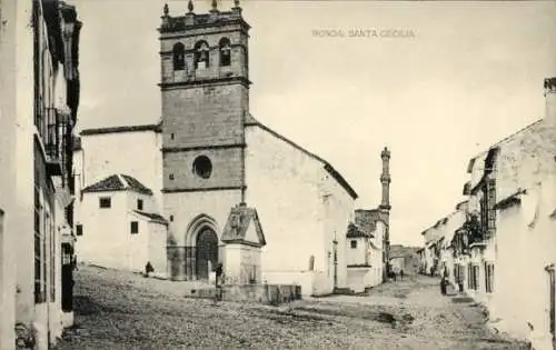 Ak Ronda Andalusien Spanien, Kirche Santa Cecilia,  Architektur, steinige Straße