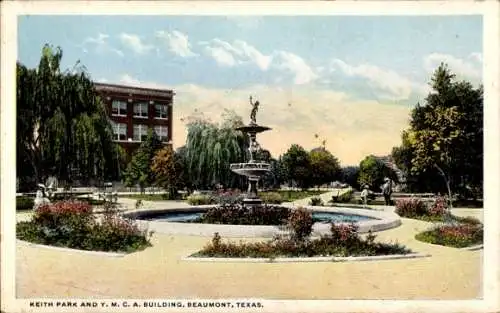 Ak Beaumont Texas USA, Brunnen, Keith Park, Y.M.C.A. Gebäude, Blumenbeete, Bäume