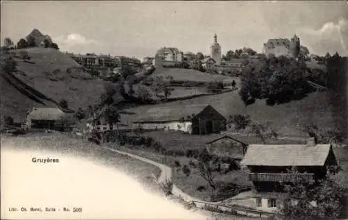 Ak Gruyères Kanton Freiburg Schweiz, Landschaft, Dorfansicht, Gebäude, Kirche, Hügel