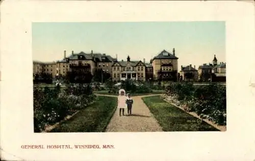 Ak Winnipeg Manitoba Kanada, General Hospital, Kinder im Park, Blumenbeete,  Architektur