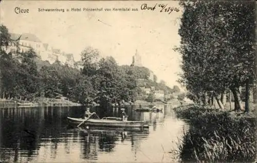 Ak Bad Cleve Kleve am Niederrhein, Schwanenburg, Hotel Prinzenhof, Flussansicht, Bootfahrer