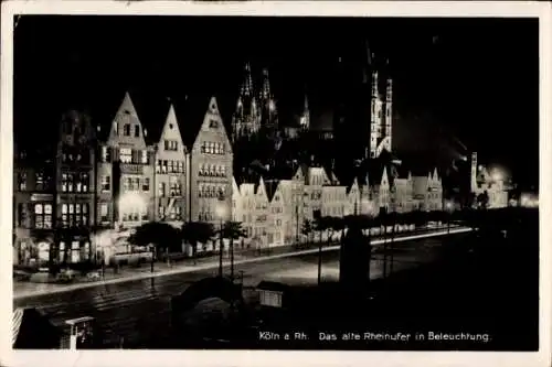 Ak Köln am Rhein,  altes Rheinufer, nächtliche Beleuchtung,  Architektur