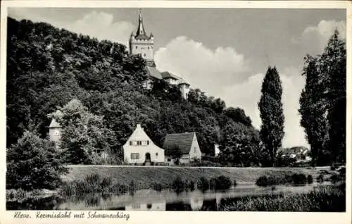 Ak Kleve am Niederrhein, Schwanenburg, Kecmisdahl, Häuser, Fluss, Bäume, Landschaft