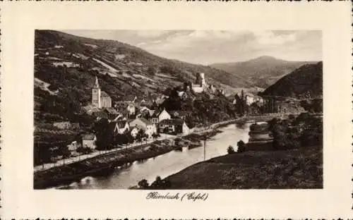 Ak Heimbach in der Eifel, Landschaft mit Fluss, alten Gebäuden, Hügeln, Kirchturm