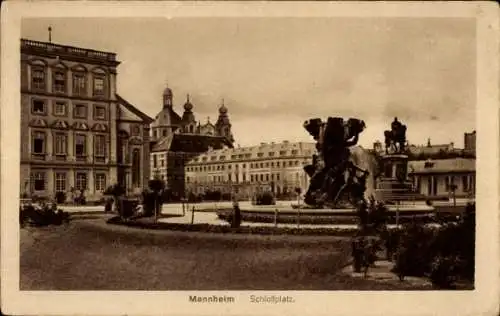 Ak Mannheim in Baden, Schloßplatz,  Gebäude, Statue, Stadtansicht